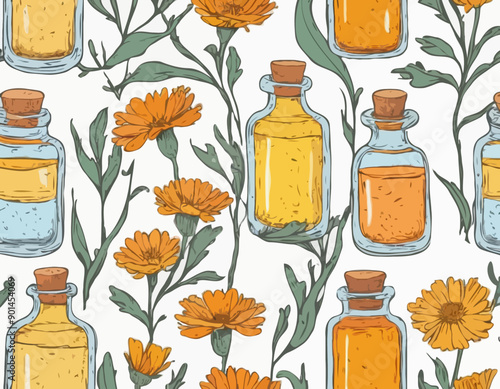 Hand drawn glass bottle with calendula oil or tincture vector illustration