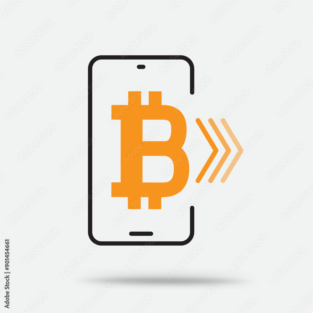 Fototapeta premium Crypto bitcoin in smartphone icon with shadow isolated on white background. Blockchain mobile payment concept sign symbol