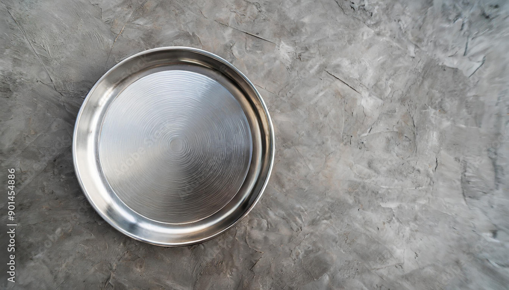 Top view of silver metal plate isolated on grey concrete or cement background. Empty steel round flat tray. Flat lay mock up template for food poster design. Top view of silver metal plate isolated on grey concrete or cement background. Empty steel round flat tray. Flat lay mock up template for food poster design.