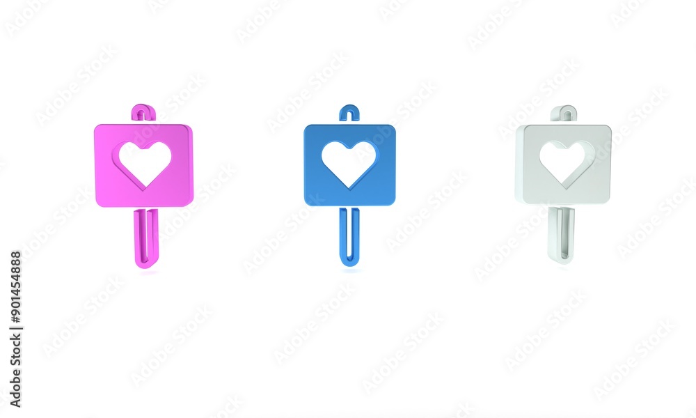 Fototapeta premium Colorful Map pointer with heart icon isolated on white background. Valentines day. Love location. Romantic map pin. Minimalism concept. 3D render illustration