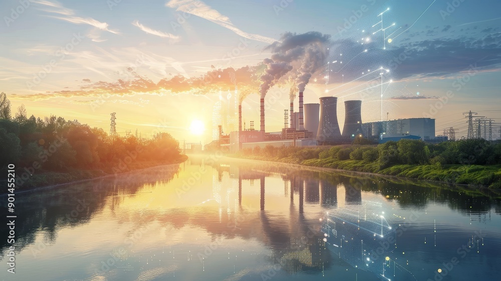Naklejka premium EcoFriendly Innovation Sustainable Energy Plant by Tranquil River with Futuristic Data Visualizations at Dawn