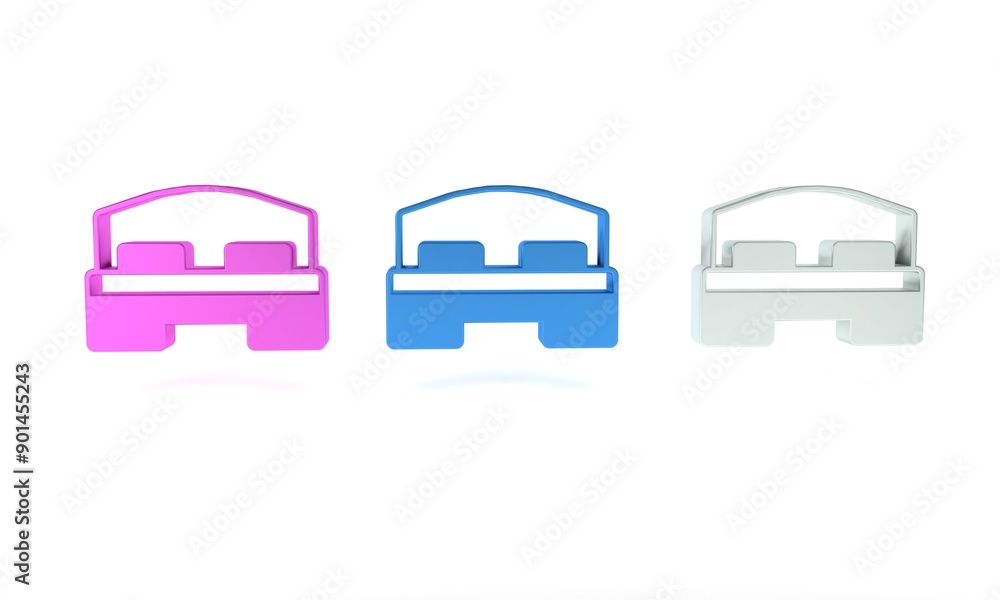 Colorful Hotel room bed icon isolated on white background. Minimalism concept. 3D render illustration Colorful Hotel room bed icon isolated on white background. Minimalism concept. 3D render illustration