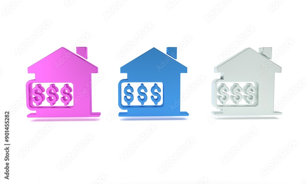 Colorful House with dollar symbol icon isolated on white background. Home and money. Real estate concept. Minimalism concept. 3D render illustration Colorful House with dollar symbol icon isolated on white background. Home and money. Real estate concept. Minimalism concept. 3D render illustration