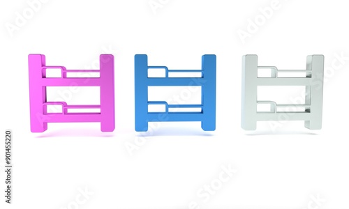 Colorful Hotel room bed icon isolated on white background. Minimalism concept. 3D render illustration