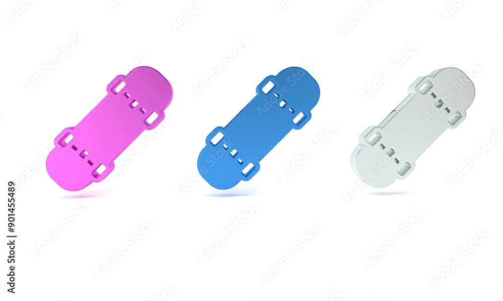 Colorful Skateboard icon isolated on white background. Extreme sport. Sport equipment. Minimalism concept. 3D render illustration Colorful Skateboard icon isolated on white background. Extreme sport. Sport equipment. Minimalism concept. 3D render illustration