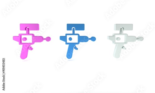 Colorful Ray gun icon isolated on white background. Laser weapon. Space blaster. Minimalism concept. 3D render illustration