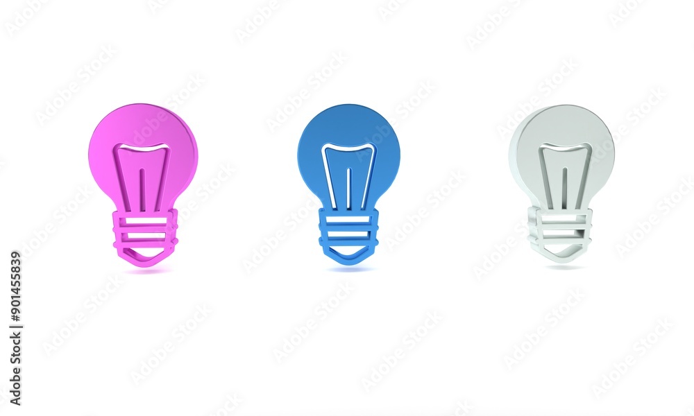 Colorful Light bulb with concept of idea icon isolated on white background. Energy and idea symbol. Inspiration concept. Minimalism concept. 3D render illustration Colorful Light bulb with concept of idea icon isolated on white background. Energy and idea symbol. Inspiration concept. Minimalism concept. 3D render illustration