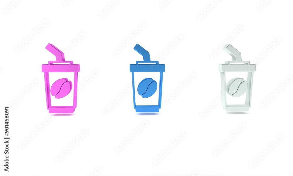 Colorful Coffee cup to go icon isolated on white background. Minimalism concept. 3D render illustration Colorful Coffee cup to go icon isolated on white background. Minimalism concept. 3D render illustration