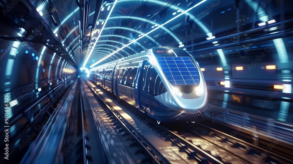 EcoFriendly Innovation SolarPowered Train in Futuristic Tunnel EcoFriendly Innovation SolarPowered Train in Futuristic Tunnel