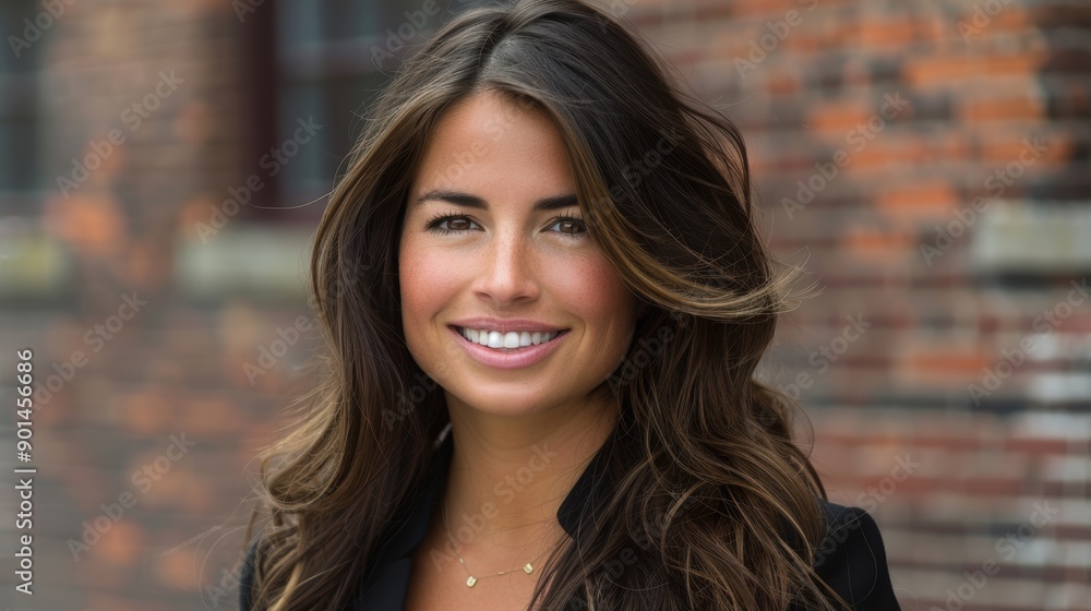 Obraz premium This image features a smiling young woman with long, wavy hair posing outdoors against a blurred brick wall background, embodying a cheerful and confident demeanor