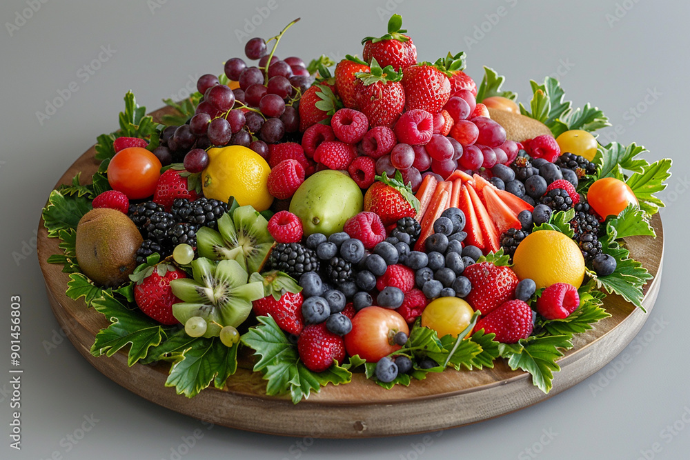 Wooden plate with berries and greens, in the center of which is an elegant bowl filled to its brim with various Wooden plate with berries and greens, in the center of which is an elegant bowl filled to its brim with various