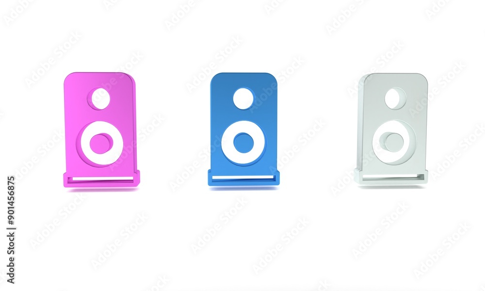 Colorful Stereo speaker icon isolated on white background. Sound system speakers. Music icon. Musical column speaker bass equipment. Minimalism concept. 3D render illustration Colorful Stereo speaker icon isolated on white background. Sound system speakers. Music icon. Musical column speaker bass equipment. Minimalism concept. 3D render illustration