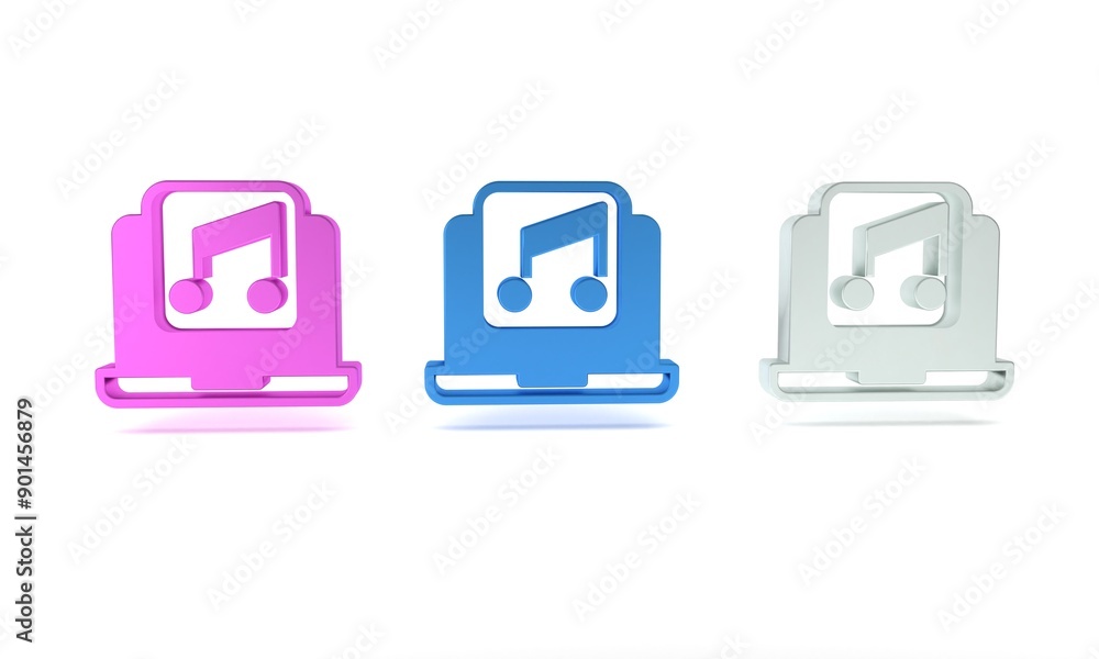 Colorful Laptop with music note symbol on screen icon isolated on white background. Minimalism concept. 3D render illustration Colorful Laptop with music note symbol on screen icon isolated on white background. Minimalism concept. 3D render illustration
