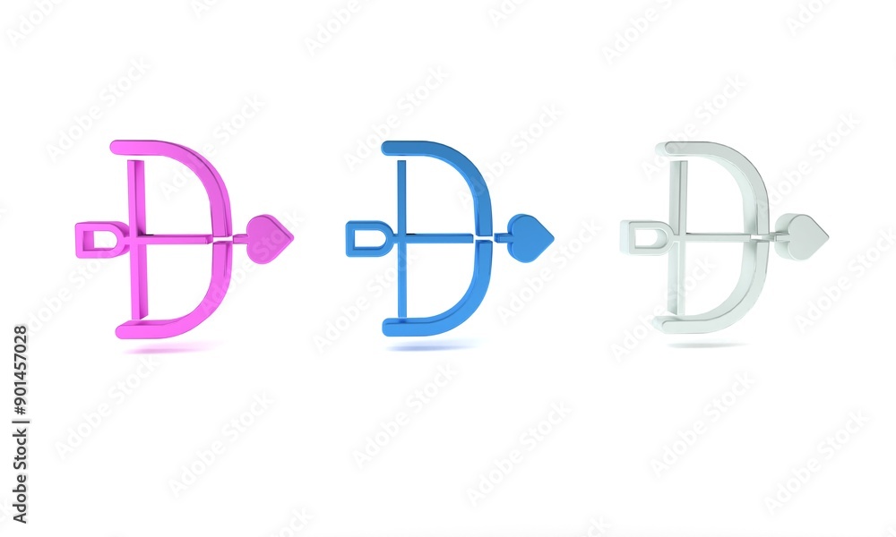 Colorful Bow and arrow icon isolated on white background. Cupid symbol. Love sign. Happy Valentines day. Minimalism concept. 3D render illustration Colorful Bow and arrow icon isolated on white background. Cupid symbol. Love sign. Happy Valentines day. Minimalism concept. 3D render illustration