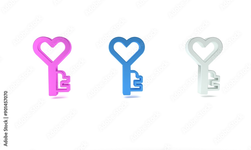 Colorful Key in heart shape icon isolated on white background. Happy Valentines day. Minimalism concept. 3D render illustration Colorful Key in heart shape icon isolated on white background. Happy Valentines day. Minimalism concept. 3D render illustration