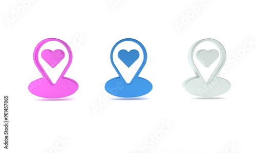 Colorful Map pointer with heart icon isolated on white background. Valentines day. Love location. Romantic map pin. Minimalism concept. 3D render illustration