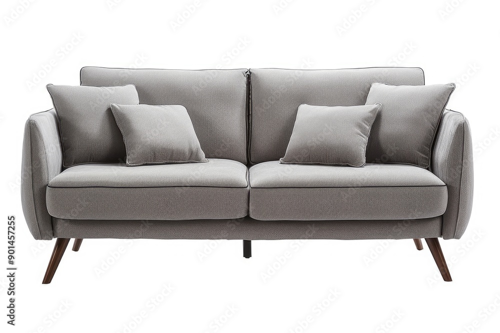 A modern grey sofa with two cushions, standing against a white background. A modern grey sofa with two cushions, standing against a white background.