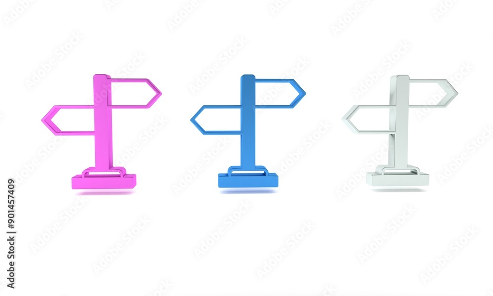 Colorful Road traffic sign. Signpost icon isolated on white background. Pointer symbol. Isolated street information sign. Direction sign. Minimalism concept. 3D render illustration Colorful Road traffic sign. Signpost icon isolated on white background. Pointer symbol. Isolated street information sign. Direction sign. Minimalism concept. 3D render illustration