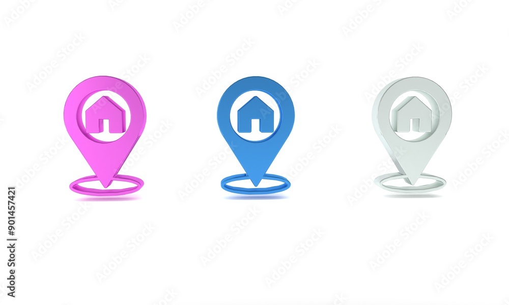 Colorful Map pointer with house icon isolated on white background. Home location marker symbol. Minimalism concept. 3D render illustration Colorful Map pointer with house icon isolated on white background. Home location marker symbol. Minimalism concept. 3D render illustration