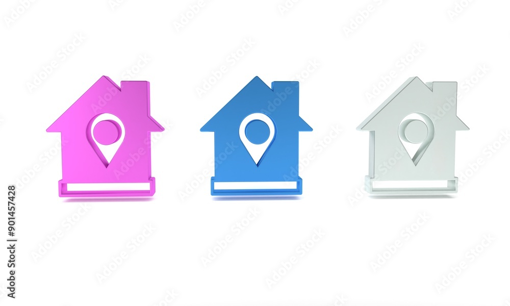 Colorful Map pointer with house icon isolated on white background. Home location marker symbol. Minimalism concept. 3D render illustration Colorful Map pointer with house icon isolated on white background. Home location marker symbol. Minimalism concept. 3D render illustration