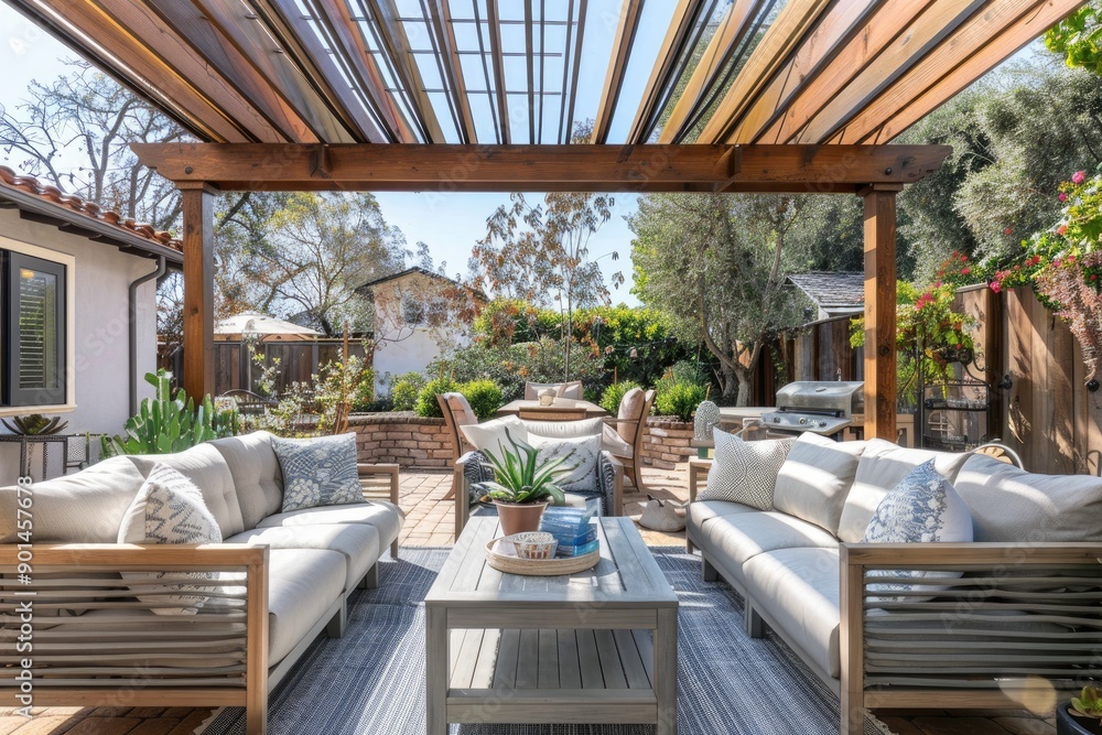 Fototapeta premium Cozy patio with sofas and a table. Pergola shade over patio.