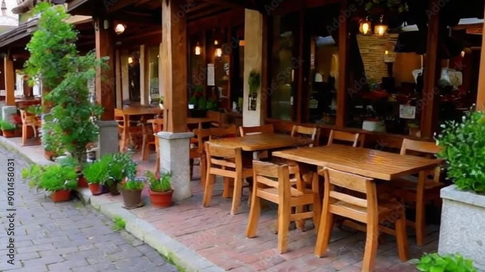 Outdoor Patio Seating at a Restaurant in a European Village Outdoor Patio Seating at a Restaurant in a European Village
