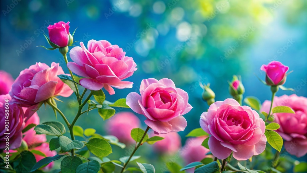 Vibrant pink roses bloom against a serene blue background, surrounded by lush greenery and delicate foliage, capturing the essence of a beautiful spring border. Vibrant pink roses bloom against a serene blue background, surrounded by lush greenery and delicate foliage, capturing the essence of a beautiful spring border.