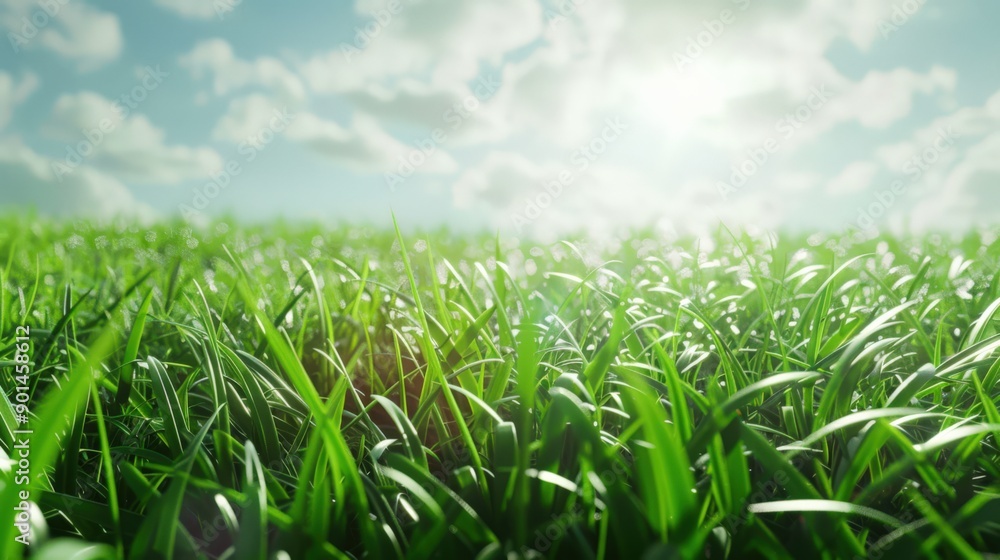 Fototapeta premium A field of green grass with a bright sun shining down on it