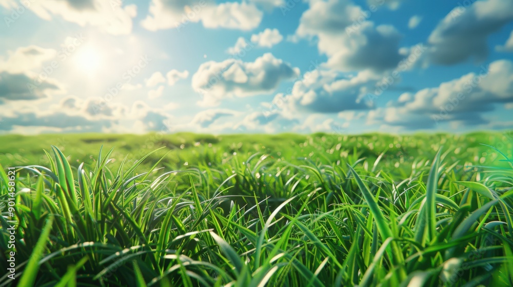 A field of grass with a bright blue sky and clouds A field of grass with a bright blue sky and clouds