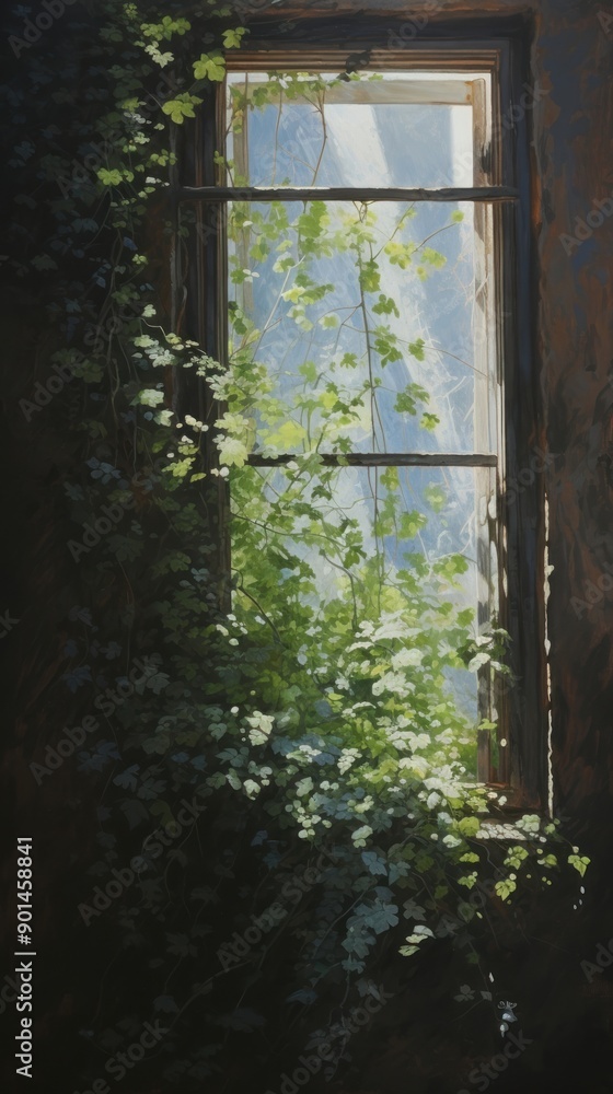 Acrylic paint of window plant ivy architecture. Acrylic paint of window plant ivy architecture.