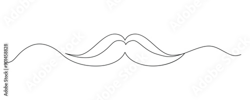 One Line Mustache Icon, Monoline Mustaches Symbol, Continuous Whiskers Silhouette, Mustache Endless Shape, Men Fashion Vector Illustration