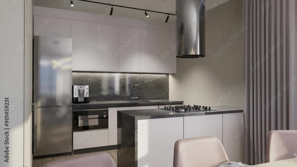 3D-rendering. The camera flies over a modern studio apartment