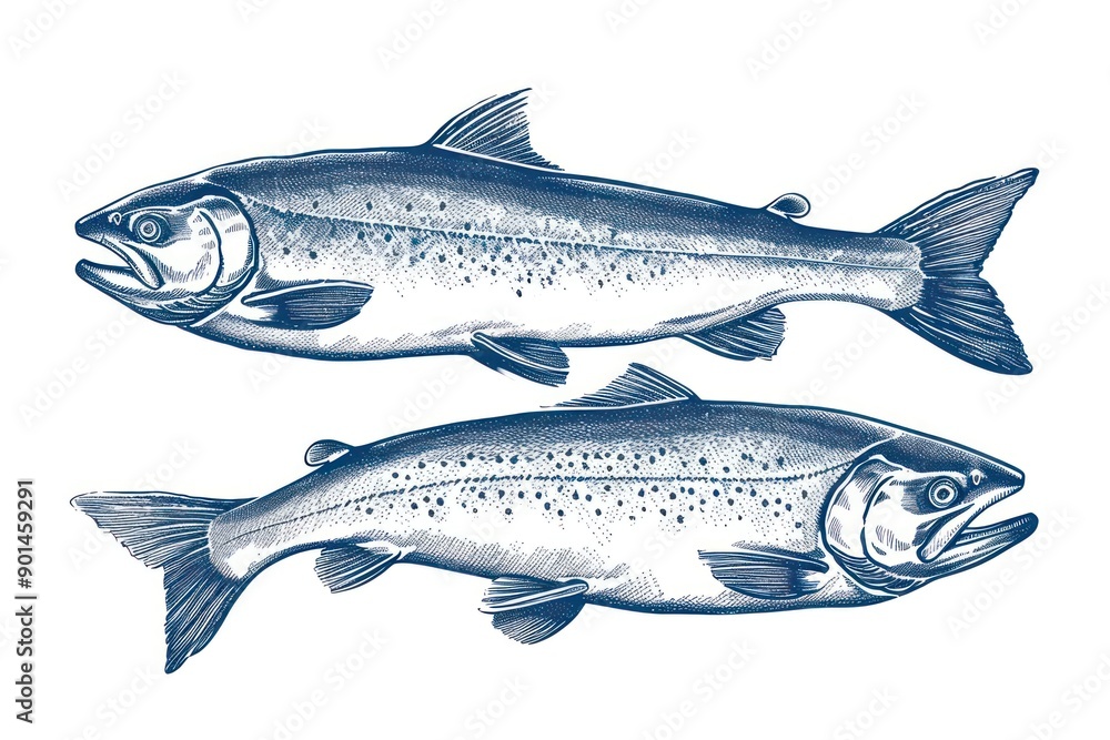 Fototapeta premium Antique of salmon drawing animal sketch.