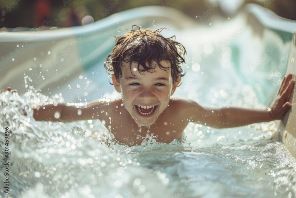happy kid riding a waterslide happy kid riding a waterslide