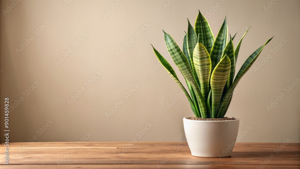 A elegant snake plant with upright sword-shaped leaves sits in a modern ceramic pot on a wooden table against a minimalistic beige background. A elegant snake plant with upright sword-shaped leaves sits in a modern ceramic pot on a wooden table against a minimalistic beige background.