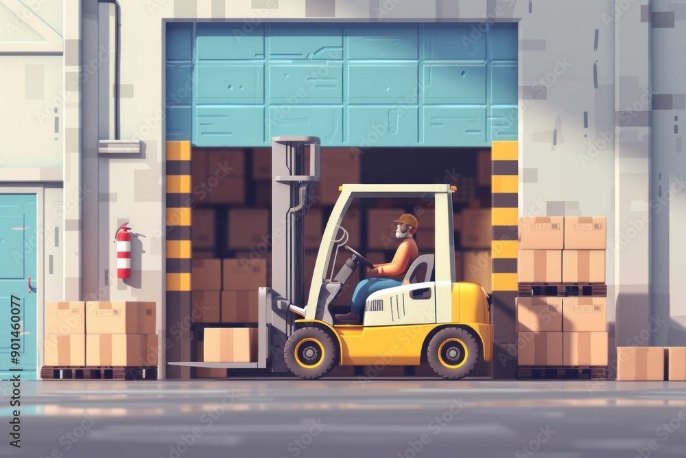 Naklejka premium forklift in warehouse with boxes. Sending goods to clients. Shipment of supplies Warehouse delivery. Logistics transport
