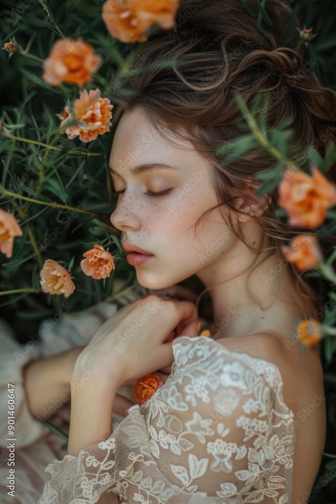A woman is laying in a field of flowers, with her head resting on her hand A woman is laying in a field of flowers, with her head resting on her hand