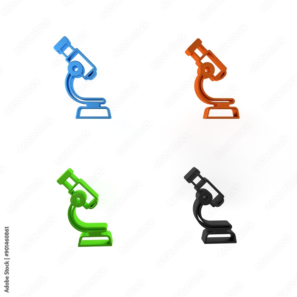 Colorful Microscope icon isolated on white background. Chemistry, pharmaceutical instrument, microbiology magnifying tool. Minimalism concept. 3D render illustration Colorful Microscope icon isolated on white background. Chemistry, pharmaceutical instrument, microbiology magnifying tool. Minimalism concept. 3D render illustration