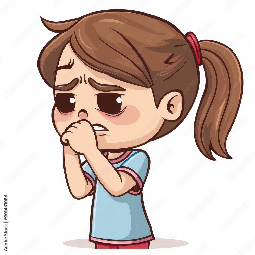 A cute cartoon girl coughs into her elbow, showcasing good hygiene. Clean and simple design on a white background. A cute cartoon girl coughs into her elbow, showcasing good hygiene. Clean and simple design on a white background.