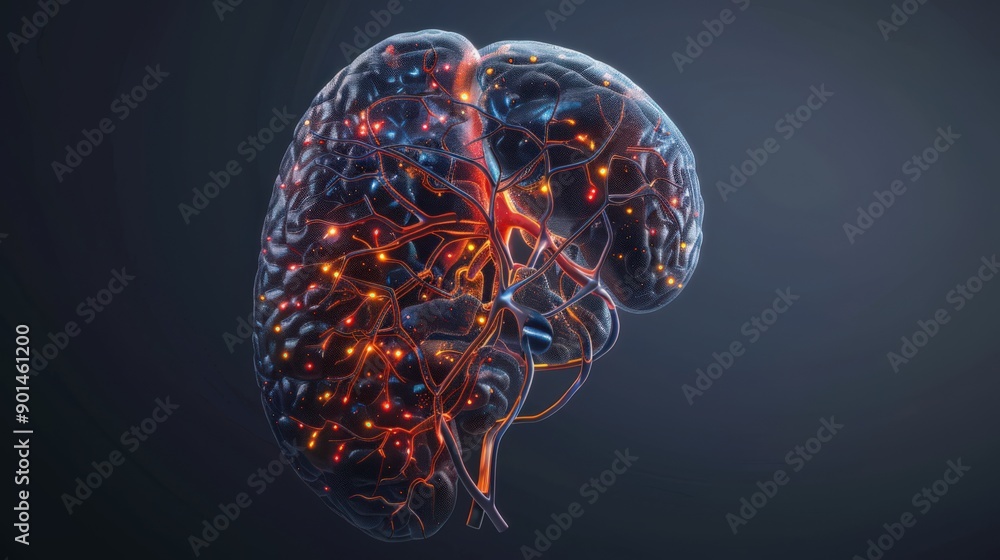 A brain with red veins and a black background A brain with red veins and a black background
