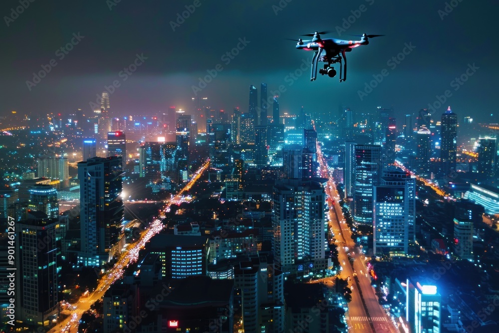 high angle view of city scape at night by managing autonomous drone high angle view of city scape at night by managing autonomous drone