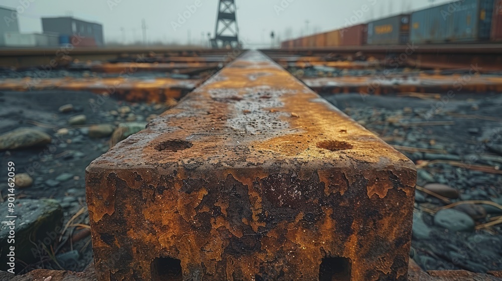 A close-up view of a rusted railway track surrounded by pebbles and rocks, with an industrial setting in the distance on a foggy day A close-up view of a rusted railway track surrounded by pebbles and rocks, with an industrial setting in the distance on a foggy day