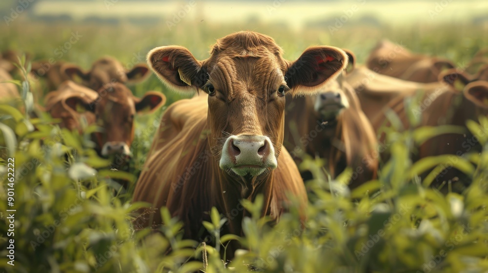 Herd of Brown Cattle Grazing in Nice Green Field on Farm Herd of Brown Cattle Grazing in Nice Green Field on Farm