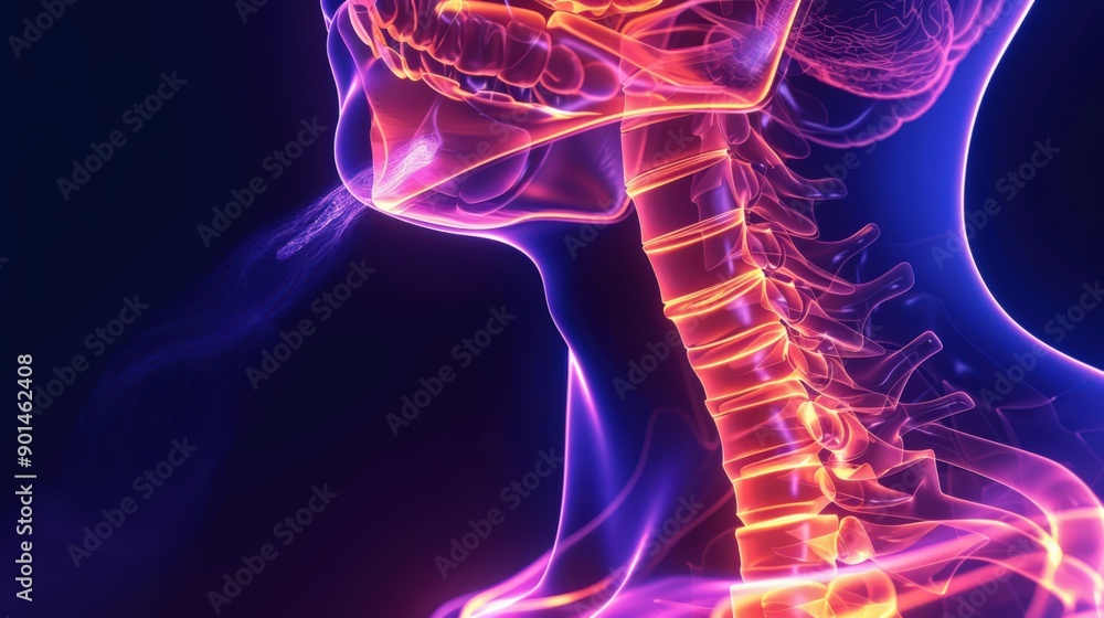 A close up of a human neck with a blue background