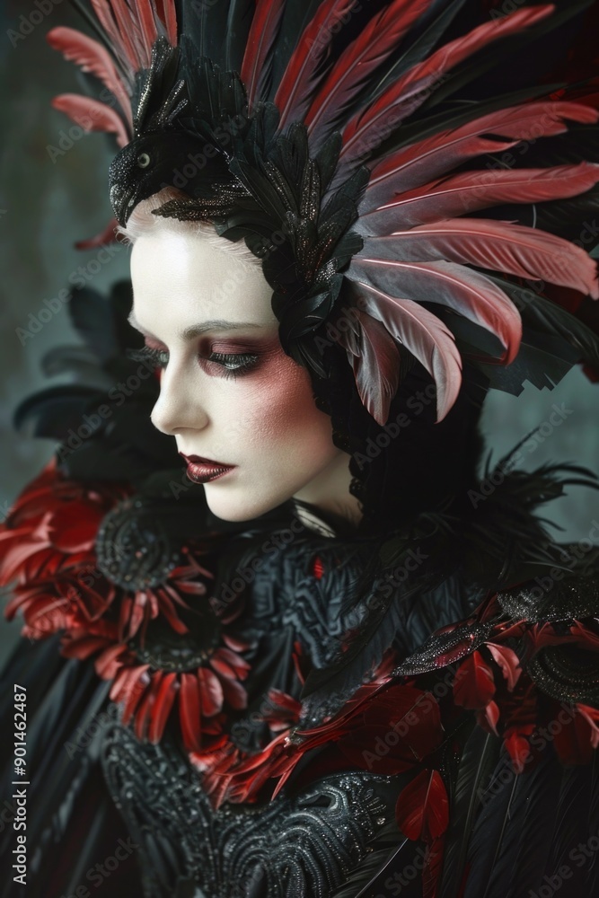 A woman wearing a black and red costume with feathers on her head A woman wearing a black and red costume with feathers on her head