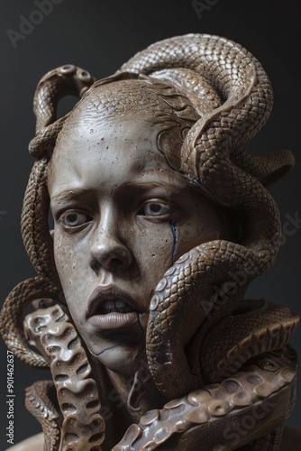 A woman with a snake wrapped around her head