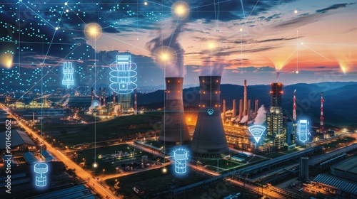 Glowing Twilight EcoIndustrial Complex with Clean Energy Infographics photo