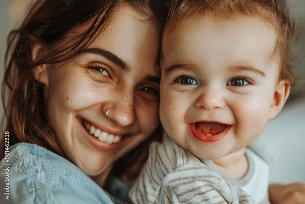Joyful Mother Holding Happy Baby smile at home Joyful Mother Holding Happy Baby smile at home