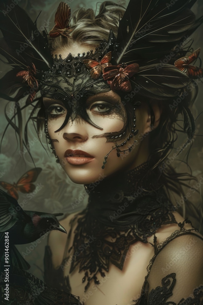 A woman with a mask on her face and a bird on her shoulder A woman with a mask on her face and a bird on her shoulder