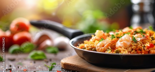 Shrimp Paella in Skillet With Herbs